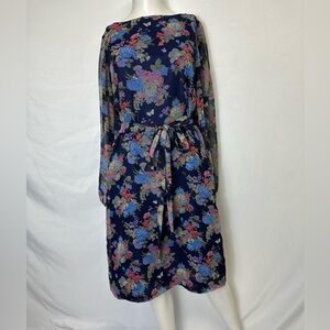 UNBRANDED VINTAGE  STUNNING FLORAL DRESS W BELT SHEER LONG SLEEVES MED/ LARGE